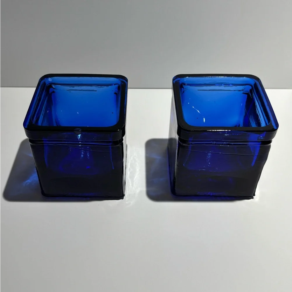 Cobalt Blue Glass Votive Candle Holders Hand Blown Spain Set of 2